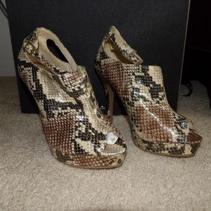 Dollhouse Python Ankle Strap Peep Toe Heeled Boot